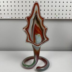 Murano Style Art Glass Swung Vase Red Orange MCM 13in Statement Jack In Pulpit